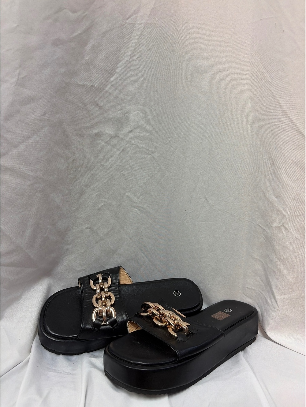 Black Platform Slide Sandals with Gold Chain Accent Size 8